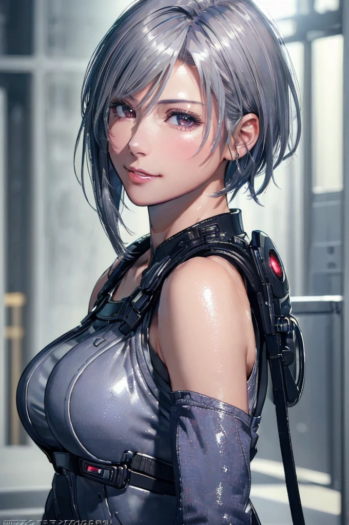 (8k, photorealistic, RAW photo, top quality: 1.4), (1girl), super beautiful, (realistic face), (boyish, silver-colored berry short hair), beautiful cyberpunk suit, glares seducing viewer, beautiful expression, beautiful breasts, (realistic skin), beautiful smile, (soldier), attractive, ultra high resolution, ultra realistic, high definition, spoiled