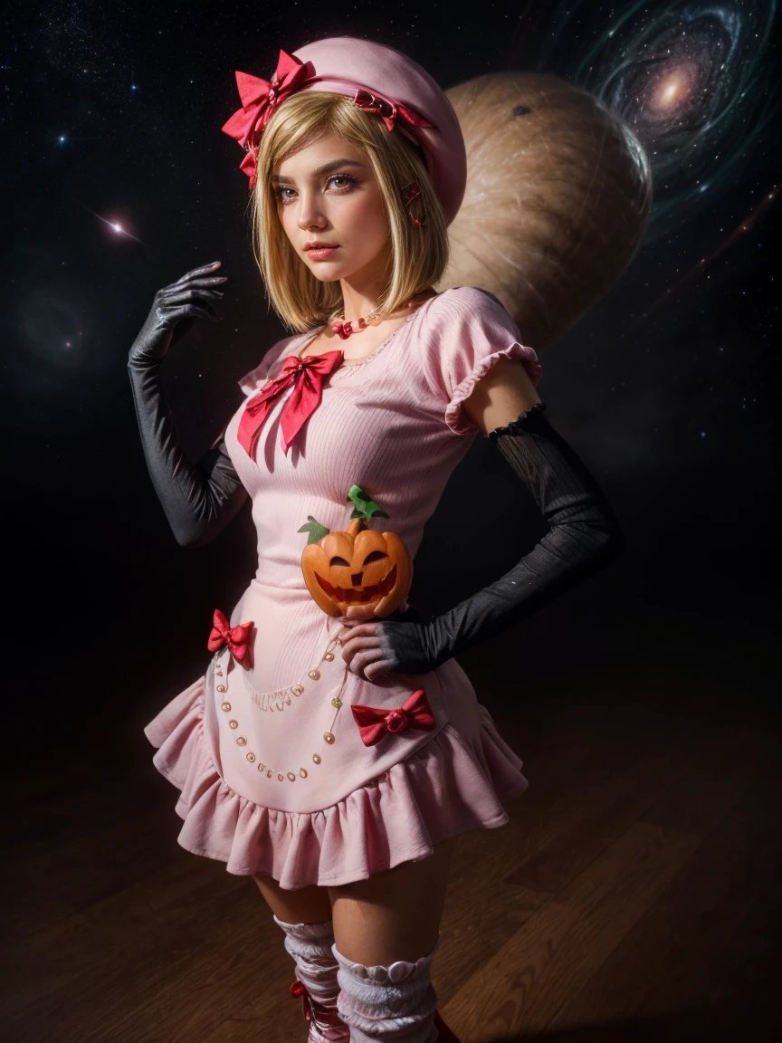 (1 lady), The beautiful, (Best quality at best:1.4), (ultra - detailed), (extremely detailed CG unified 16k), gold blonde hair, very detailed, High-definition RAW color photo, professional photoshooting, amazing face and eyes, cosmetics, (amazingly beautiful girl), ((lambdadelta, taller, tall woman)), ((dress, shoes bow, red shoes, striped stockings, red bow, pink hat, necklace, gloves, pearl, pumpkin brooch, pink dress)), levitating in a cute posture (floating in the air), (She's levitating in a cosmic sea, outer space:1.3, quantum hyperspace room lacking walls, hyperspace chamber, extremely detailed background, a lot of details background, realistic background), (look from above), realistic cinematic face, head to feet long wide zoomed out view, full body long view, photorealistic, ((realistic natural blonde hair style, red eyes)), gorgeous, extremely beautiful face, perfect model beauty, pout mouth, Highly Detailed Face and Skin Texture, Detailed Eyes, Double Eyelids, Big Breasts, Persistent Stare, Faith Trance, (mystical stare, looking eternity), (masterpiece), best quality, high resolution, depth of field, cinematic lighting, amazing legs, pink combat boots, clear and well-cared skin