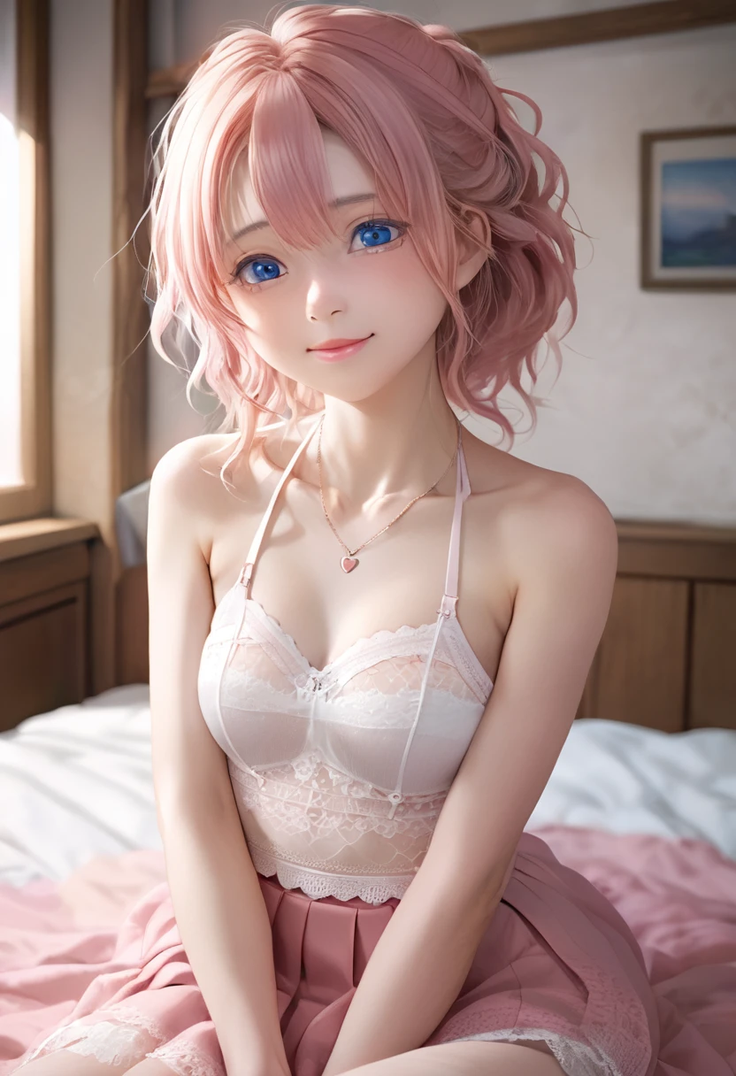 a girl, white skin, young, long pink hair, messy hair, thin arms, small mouth, small nose, small breasts, round face, pink skirt, transparent lace crop top, heart-shaped necklace, blue eyes, blush , embarrassed smile, navel, realistic view, very shy, sharp eyes, sitting in a room on the bed, good lighting, European origin, lots of details on the face and clothes