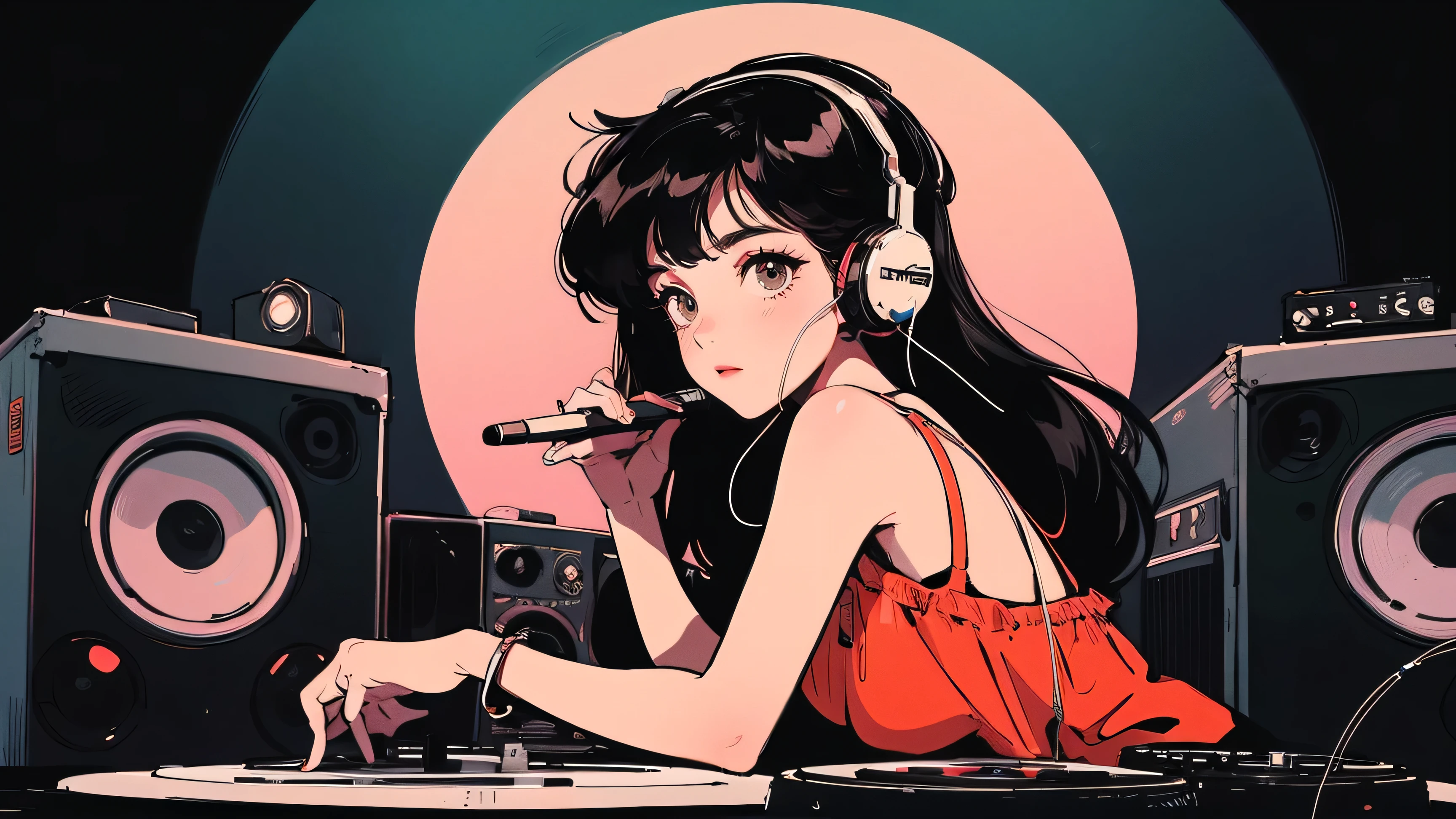DJ girl in hip-hop fashion wearing a cool headset,Front view , Two large LED-illuminated speakers on each side, Immerse yourself in a neon-lit environment, In front of her is a music mixer and a turntable.、A record is placed on the turntable,Two turntables and a mixer from Technics, DMC, DMC World DJ Championships,