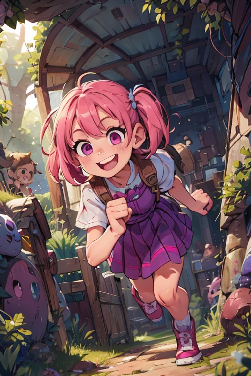 perfect face, perfect hands. A pink haired girl with violet eyes in a Gothic dress is exploring a cave with a big smile
