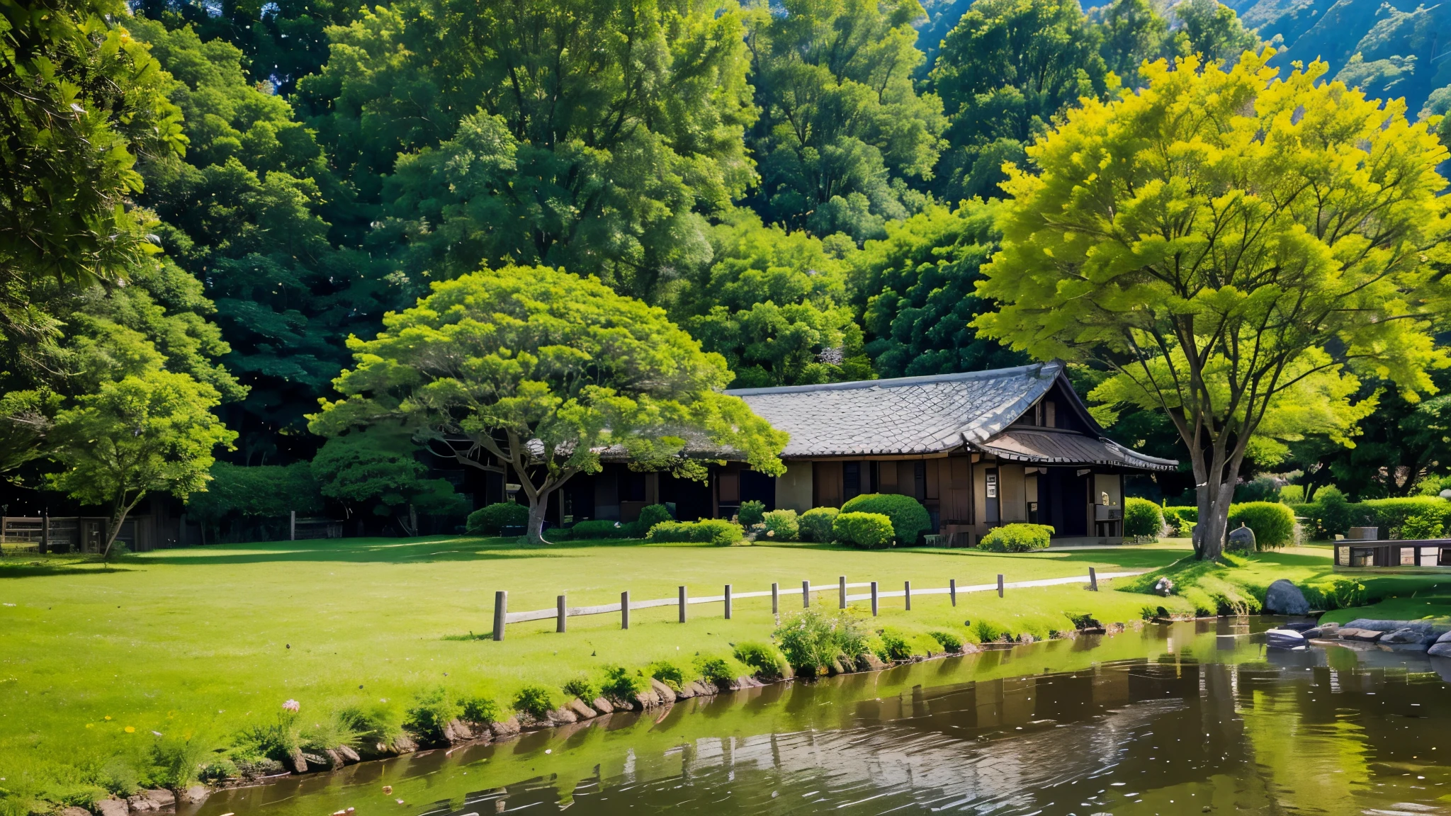 Create a high-quality anime-style image of a serene rural scene. The setting is a peaceful village with a sunny, clear blue sky adorned with fluffy white clouds. The foreground features a quaint yard with a yellow vintage Volkswagen van parked on a stone-paved driveway. The van is well-maintained, and its vibrant color contrasts beautifully with the green surroundings.

The yard is lush with greenery, including tall trees, bushes, and vibrant flowers, adding a touch of life and color to the scene. The red-tiled roofs of nearby houses peek through the foliage, giving a cozy and homely feel. Include details like a wooden fence, a small garden with various plants, and a few birds flying in the sky to enhance the tranquil atmosphere.

Ensure the overall mood of the image is calm and nostalgic, capturing the simplicity and beauty of rural life. Pay attention to the interplay of light and shadow, making the colors pop and adding depth to the scene.