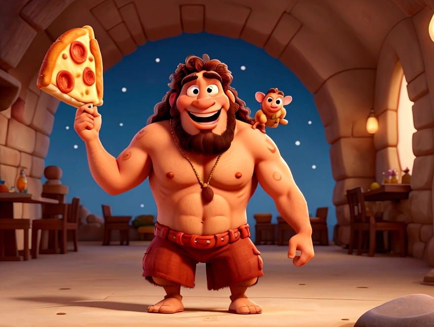 disney pixar style caveman ,holding up a pizza