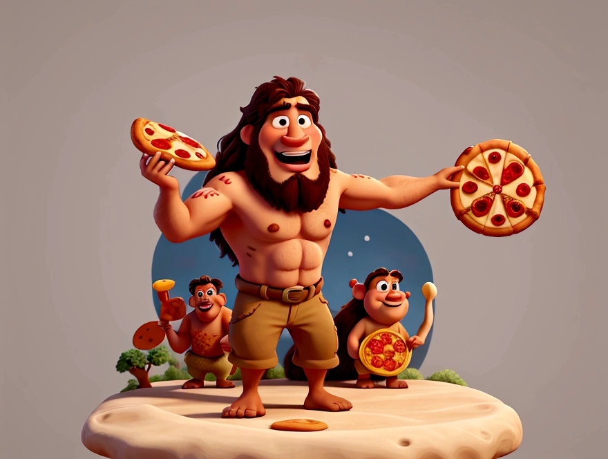 disney pixar style caveman ,holding up a pizza 