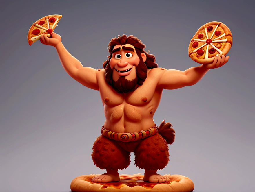 disney pixar style caveman ,holding up a pizza