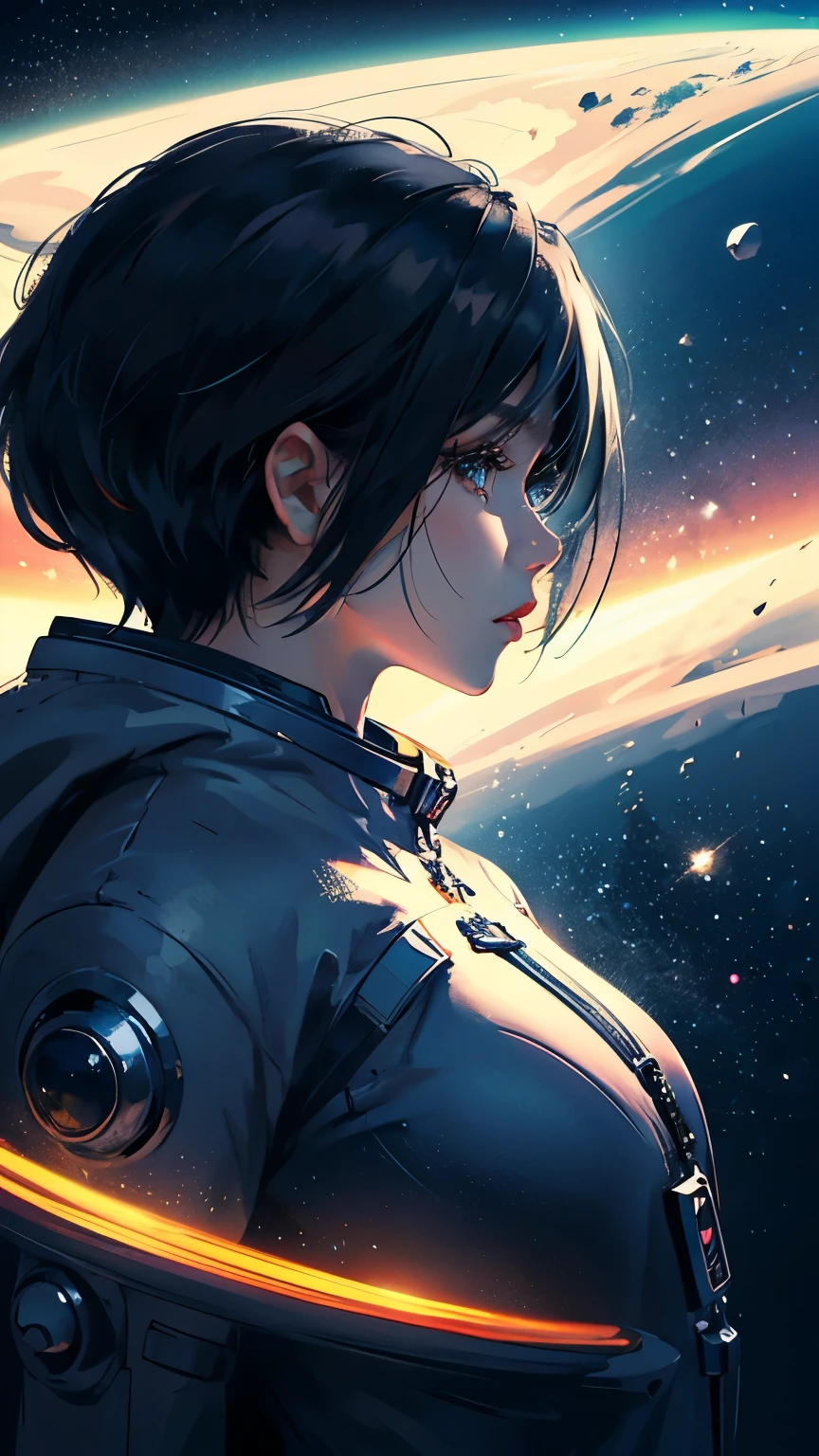 Looking at the camera、Upper Body、profile、Black Hair、Shortcuts、Space Suit White、Space Background、Flying through space、Predominant blue light、High resolution、High resolution、Maximum resolution 、Asian、Moderate bust、woman
