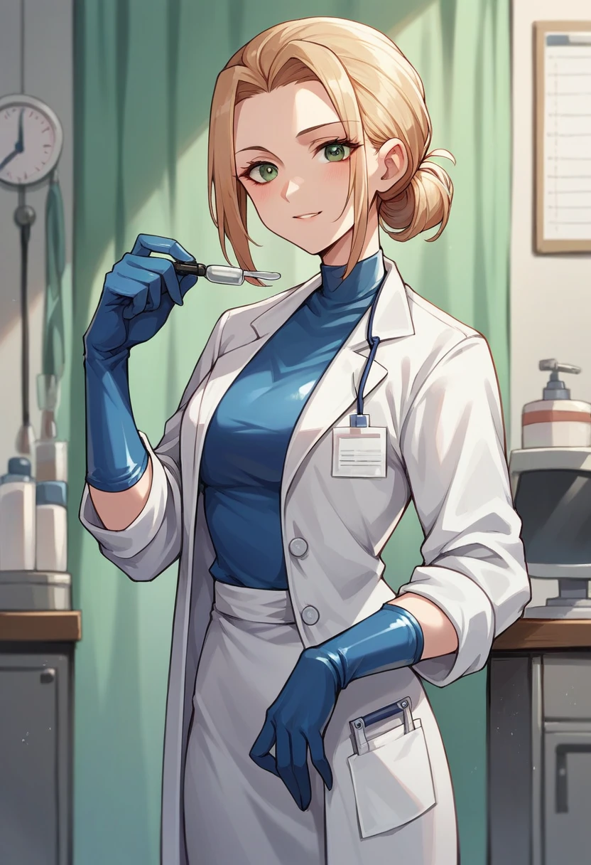 1girl, ((dark blue gloves)), ((surgical gloves)), ((latex gloves)), ((doctor outfit)), looking at viewer, ((doctor)), ((long sleeves)), standing, solo