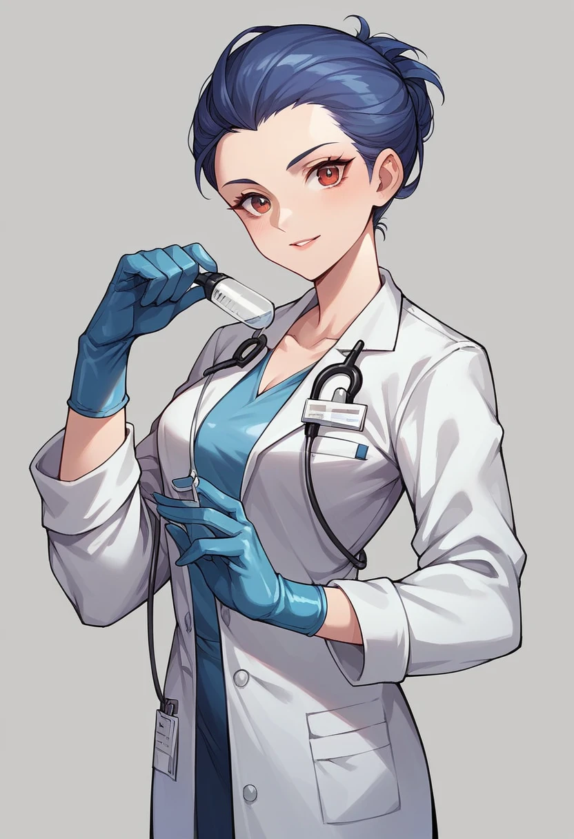 1girl, ((dark blue elbow gloves)), ((surgical gloves)), ((latex gloves)), ((doctor outfit)), looking at viewer, ((doctor)), ((long sleeves)), standing, solo