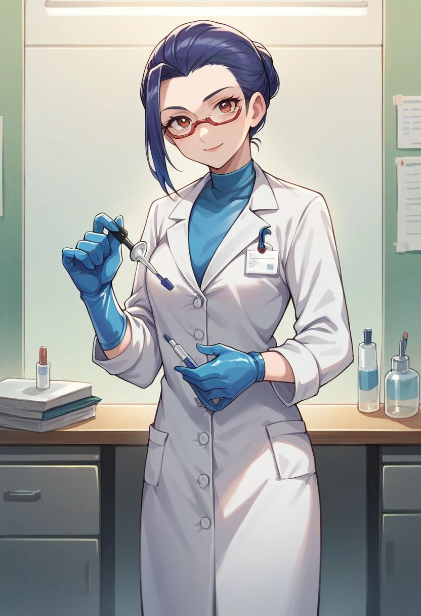 1girl, loremaster \(examtaker\), ((blue medical gloves)), ((surgical gloves)), ((latex gloves)), ((long sleeves)), looking at viewer, ((white doctor outfit)), standing, solo