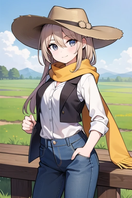 portrait of beautiful women on a muddy farm:1.2 , cowboy hat, fringed vest , pants, scarf , trust , medium chest,