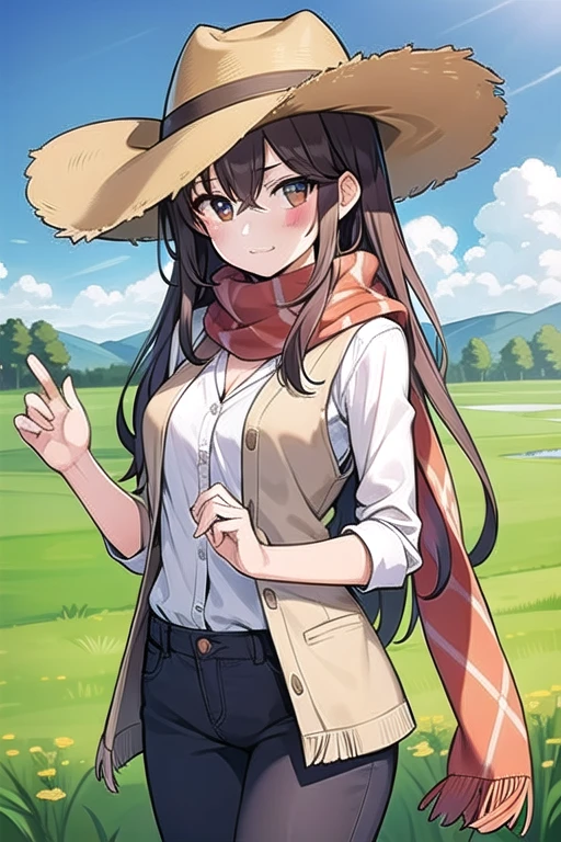 portrait of beautiful women on a muddy farm:1.2 , cowboy hat, fringed vest , pants, scarf , trust , medium chest,