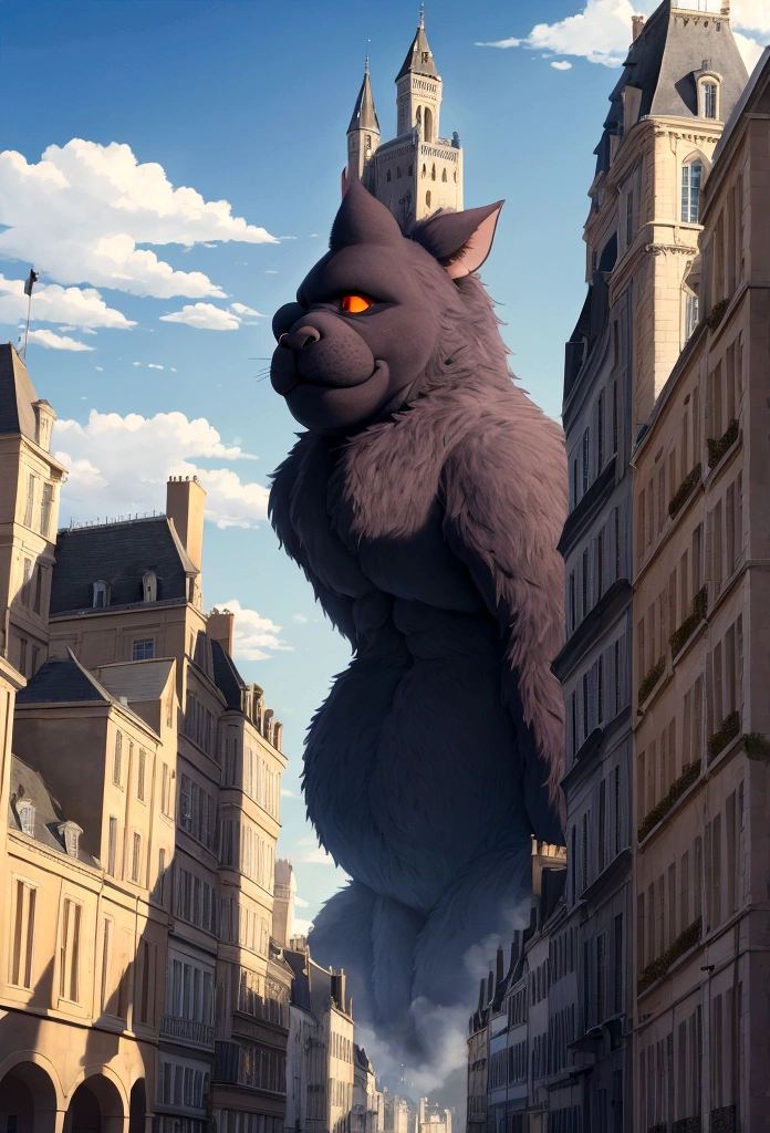 une ville vu de loin avec la silhouette d'un grand monstre qui ressemble à la faucheuse avec un ciel ronge