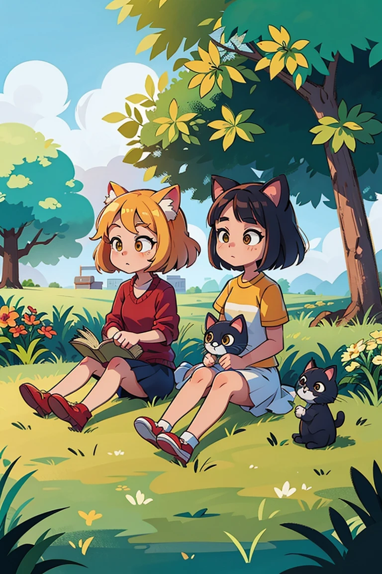 Three cats sitting on a path in a grassy field