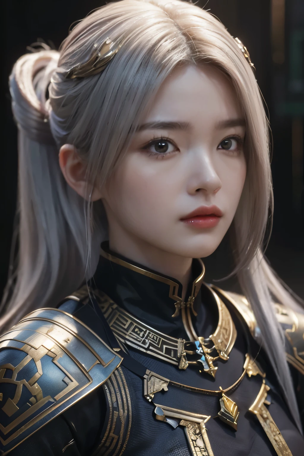 game art,최고의 fury질,highest resolution,8K,(Bust Photo),(초상fury),(head close-up:1.5),(rule of thirds),Unreal Engine 5 Rendering Tasks, (future girl),(female warrior), 22 year old girl,(female hacker),(white and red gradient,ancient oriental hairstyle),((red eye pupils:1.3)),(Beautiful eyes full of details),(big bust),(eye shadow),elegant and attractive,indifferent,((fury)),(Cyberpunk jacket with a futuristic feel,joint armor,There are exquisite Chinese patterns on the clothes,The sparkle of jewelry),cyberpunk character,futuristic style, Photo Pose,city background,영fury 조명,ray tracing,game CG,((3D Unreal Engine)),OC rendering reflection pattern