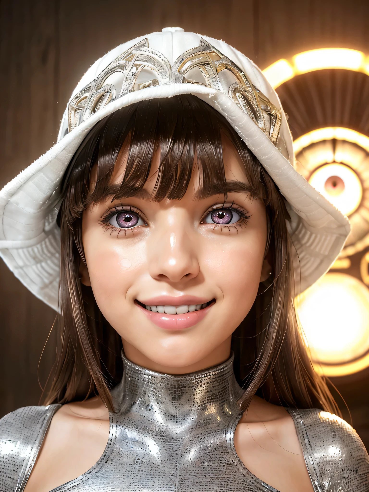 (bangs:1.3),(smile:1.3), (hidden area :1.3), (shiny brown hair :1.2),(white skin girl:1.4),(beautiful face:1.3),(gigantic boobs:1.1) (cute nose:1.2),(beautiful skin:1.1),
(under high tight dress:1.3),(colorful:1.1),,(neatly groomed hair :1.4),(new era empire with metal eyes:1.5),( bangs :1.3)