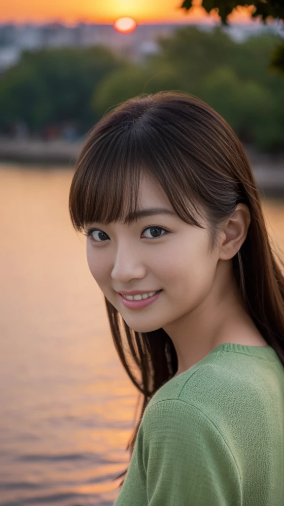 1 girl, (Green spring outfit:1.2), Very beautiful Japanese actress,
(RAW Photos, Highest quality), (Realistic, Photorealistic:1.4), Tabletop,
Very delicate and beautiful, Very detailed, 2k wallpaper, wonderful,
finely, Very detailed CG Unity 8K 壁紙, Very detailed, High resolution, Soft Light,
Beautiful detailed girl, Very detailed目と顔, Beautiful and detailed nose, finelyて美しい目, Cinema Lighting,
Distant view of the buildings, (Sunset on the horizon:1.4),
Bright Red Sunset, Sunset reflected on the surface of the water,
Complete Anatomy, Slender body, small, smile,
Pan Focus