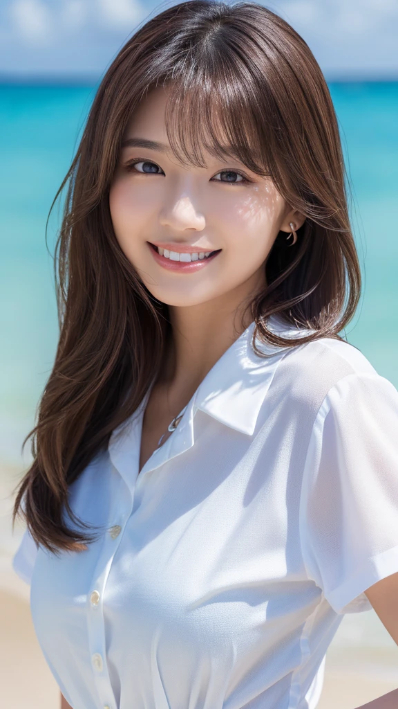 ((Highest quality、Tabletop、8K、Best image quality、Extremely intricate and detailed))、(1 person photo:1.1)、(Look at me with your best smile:1.1)、(Beautiful beaches:1.1)、(White polyester high short sleeve collar shirt:1.1)、(The perfect short sleeve collared shirt:1.1)、Accentuate your body lines、The most natural and perfect sea background、最も澄んだBeautiful sea、(Very :1.1)、(Face close-up:1.2)、Attractive body、Hair swaying in the wind、Sandy Beach、Beautiful sea、The clearest and most shining sea、Complex sea glow、The most detailed and realistic ocean、Beautiful seaの詳細が描かれています、(Very brightly lit face:1.2)、Ultra-high definition beauty face、(Ultra high resolution perfect beautiful teeth:1.1)、Ultra HD Hair、Ultra-high definition sparkling eyes、(Pure white skin shining in ultra-high resolution:1.2)、Ultra-high quality glossy lips、The cutest gravure pose、(Very bright and vivid:1.2)、(Very bright:1.2)、(Very refreshing:1.1)、(Glowing white beautiful skin:1.2)、(Very strong exposure:1.2)、(Pure white skin that shines Very brightly:1.2)、(Very strong highlights:1.2)、(Very bright and glowing skin:1.2)、Blurred Background