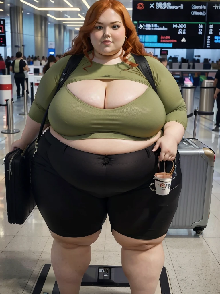 A plane passenger detailed photo of a Beautiful ginger SSBBW, with long wavy ginger hair, with big soft fat belly, thicc fat arms, thicc wide legs, big breast, in a cute green top tucked in her pants, and black pants, at airport waiting alone for the plane, with a suitcase next to her