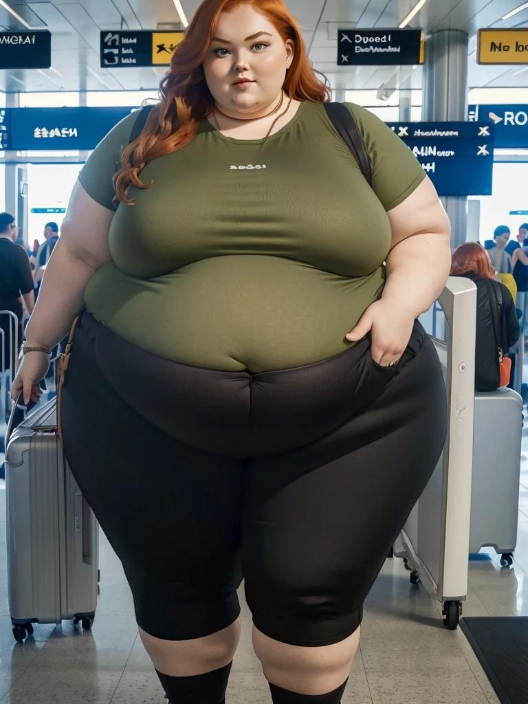 A plane passenger detailed photo of a Beautiful ginger SSBBW, with long wavy ginger hair, with big soft fat belly, thicc fat arms, thicc wide legs, big breast, in a cute green top tucked in her pants, and black pants, at airport waiting alone for the plane, with a suitcase next to her