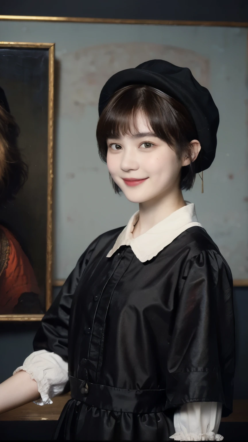 252 (An 18-year-old female and an 18-year-old male), (short hair),kind, lipstick, (Rembrandt-style painting), smile