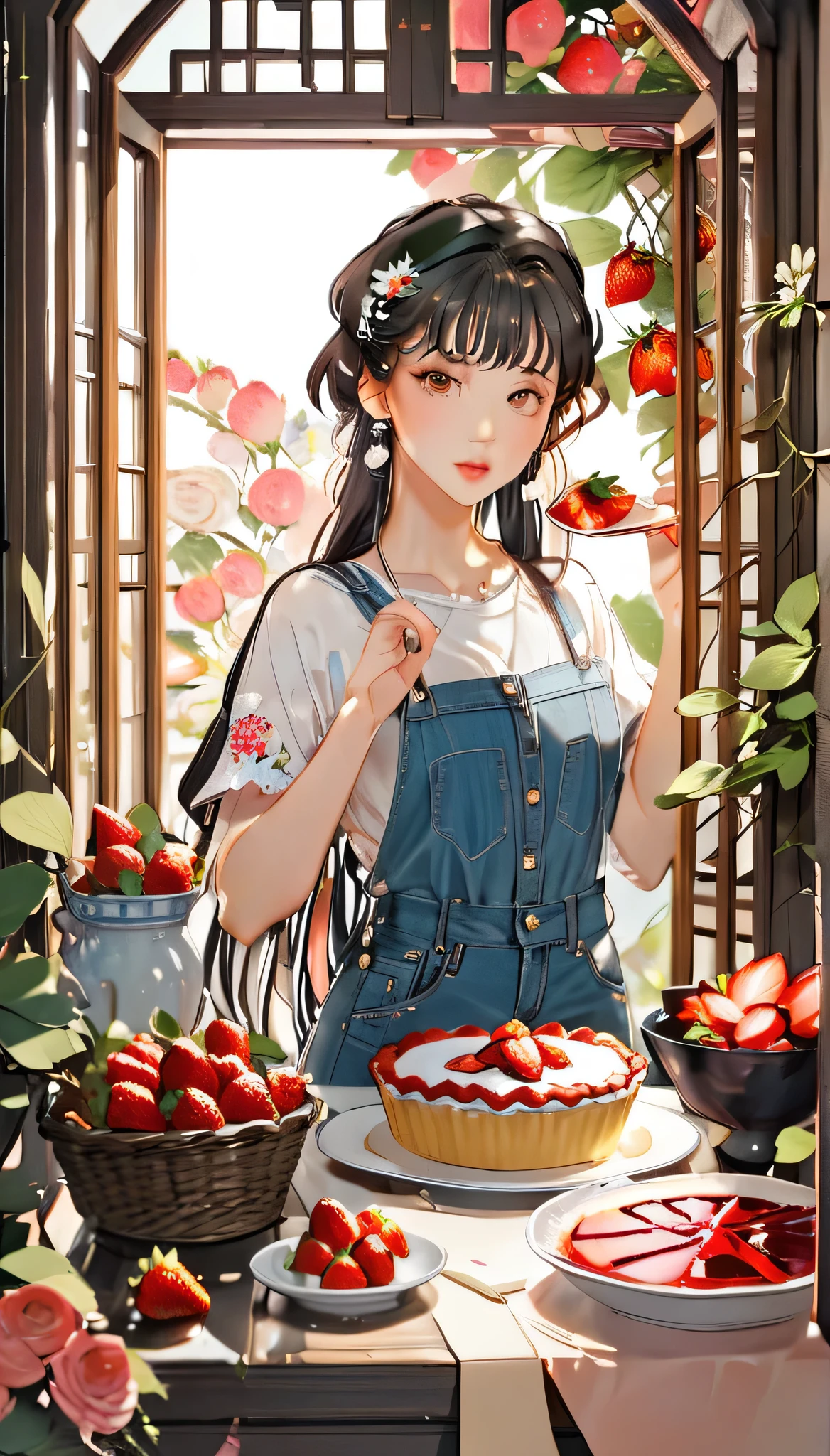 (((paper cutting style))), 1 girl, short black hair, straight long hair, portfolio, shirts, denim, strawberry pie