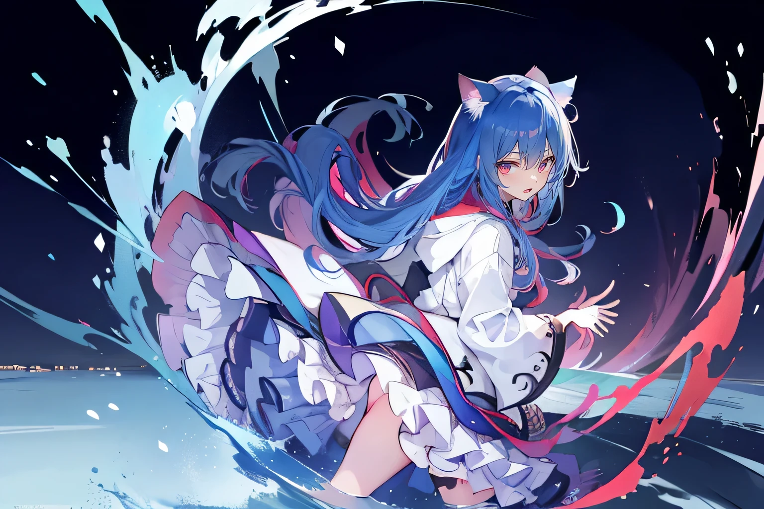 （masterpiece：1.2），Super detailed，lifelike，Expressive eyes，fair skin，perfect face shape，1 girl，
Japanese comics,Gorgeous blue hair,flowing blue hair,flowing clothes,Cat ears,Petals fall,beautiful lola,Baby Angel,
Shaking head with one hand，Cross your legs，Gentle and peaceful background，The pavilion is cool and comfortable,smile, wearing hoodie, background of night tokyo,back views,snowing, winter,lie on the water. 