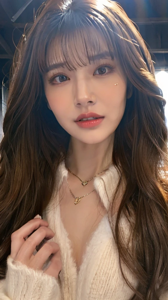(best quality, High resolution, masterpiece: 1.3), A sexy and beautiful woman, slim body, ((Brown hair，Fluffy wavy style)) ((Long wavy red hair)) Beautiful and smooth F cup breasts、Show cleavage, Wearing a pendant,  White square scarf,  (The background is an interior modern bed), Details on faces and skin textures are beautifully rendered, Delicate and sexy eyes, double eyelids、Bit your lip、facing the audience、The body is soaked
