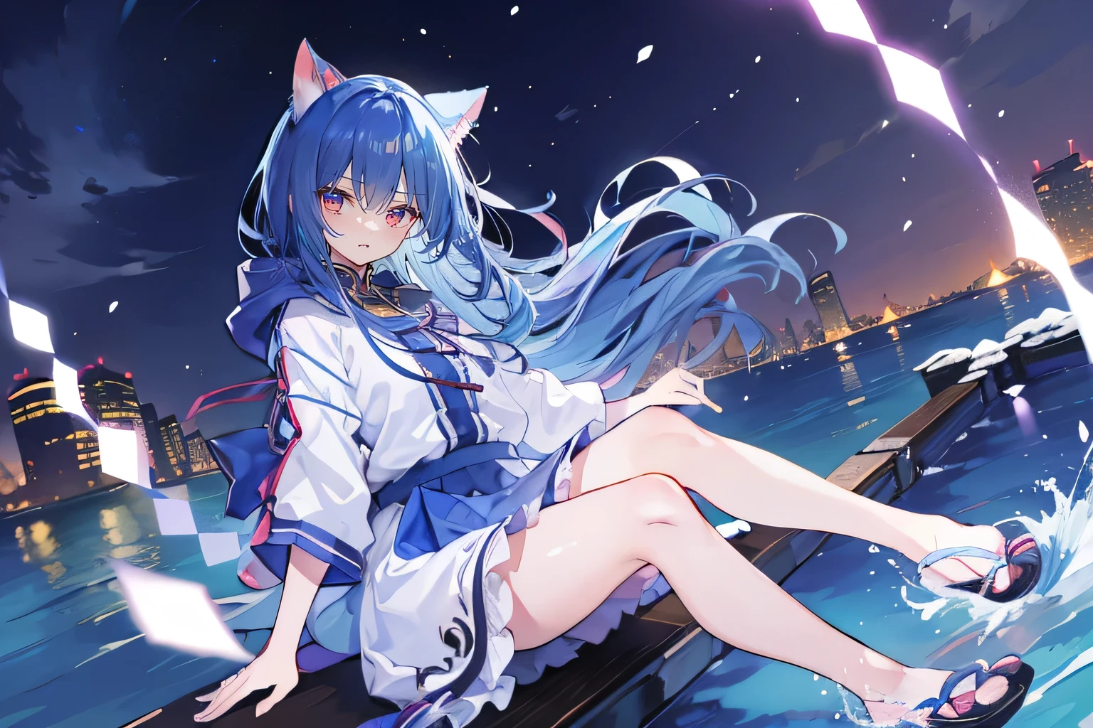 (masterpiece:1.2),Super detailed,lifelike,Expressive eyes,fair skin,perfect face shape,1 girl,
Japanese comics,Gorgeous blue hair,flowing blue hair,flowing clothes,Cat ears,Petals fall,beautiful lola,Baby Angel,
Shaking head with one hand,Cross your legs,Gentle and peaceful background,The pavilion is cool and comfortable,smile, winter,lie on the water,Nun's Clothes,stately church。
