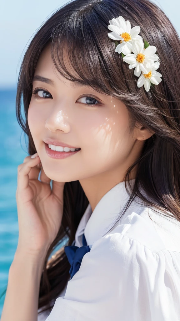 ((Highest quality、Tabletop、8K、Best image quality、Extremely intricate and detailed))、(1 person photo:1.1)、(Nationality: British:1.2)、(Look at me with your best smile:1.1)、(Beautiful beaches:1.1)、(White polyester high short sleeve collar shirt:1.1)、(The perfect short sleeve collared shirt:1.1)、Accentuate your body lines、The most natural and perfect sea background、最も澄んだBeautiful sea、(Very large breasts:1.1)、(Face close-up:1.2)、Attractive body、Hair swaying in the wind、Sandy Beach、Beautiful sea、The clearest and most shining sea、Complex sea glow、The most detailed and realistic ocean、Beautiful seaの詳細が描かれています、(Very brightly lit face:1.2)、Ultra-high definition beauty face、(Ultra high resolution perfect beautiful teeth:1.1)、Ultra HD Hair、Ultra-high definition sparkling eyes、(Pure white skin shining in ultra-high resolution:1.2)、Ultra-high quality glossy lips、The cutest gravure pose、(Very bright and vivid:1.2)、(Very bright:1.2)、(Very refreshing:1.1)、(Glowing white beautiful skin:1.2)、(Very strong exposure:1.2)、(Pure white skin that shines Very brightly:1.2)、(Very strong highlights:1.2)、(Very bright and glowing skin:1.2)、Blurred Background