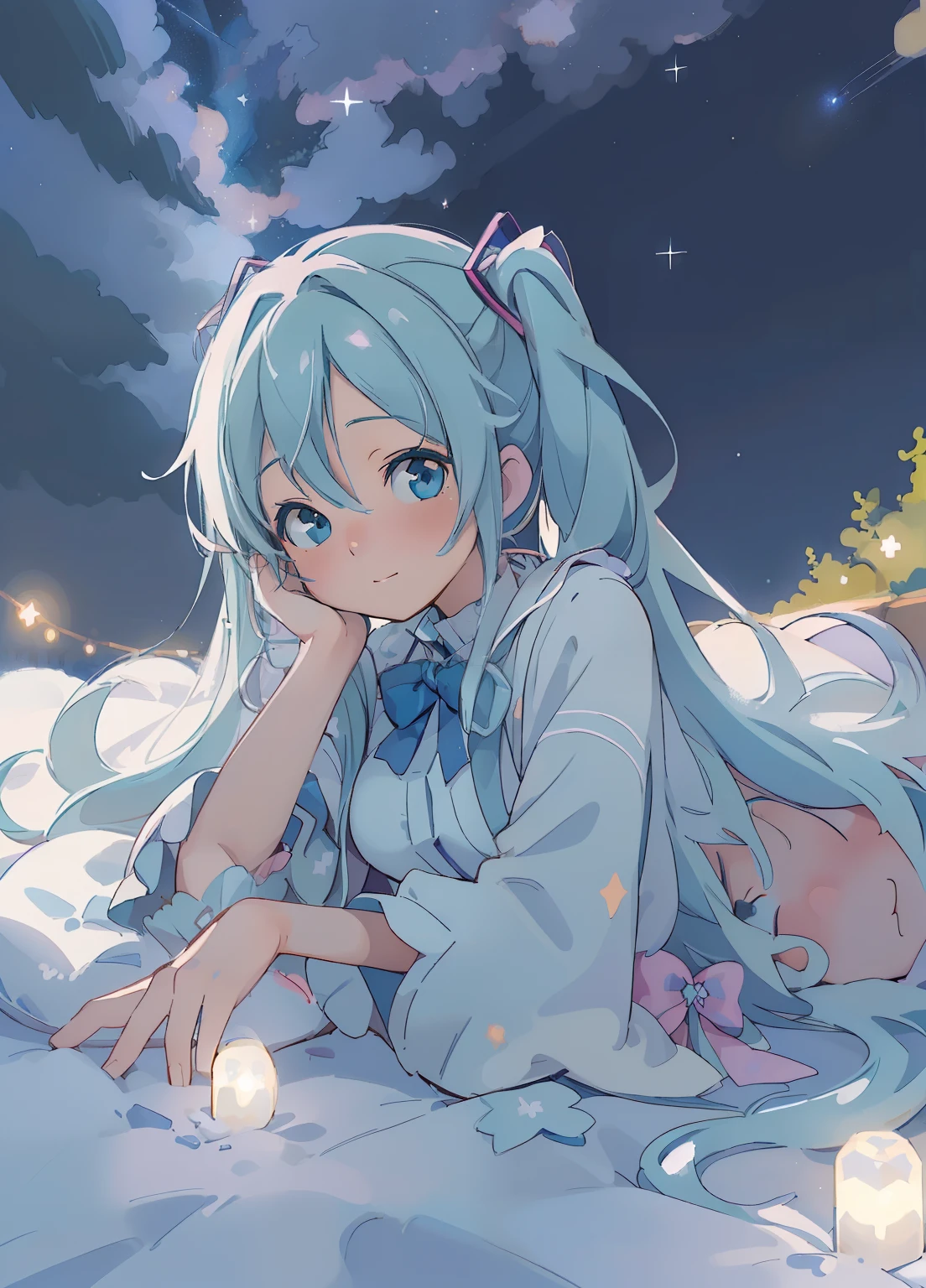 (masterpiece、Highest quality、Highest quality、Official Art、Beautiful and beautiful:1.2)、(One girl:1.3)Hatsune Miku、Twin tails,Beautiful breasts,Night Sky、milky way、Tanabata、Orihime、Altair、Deneb、altair、Vega、Summer Great Triangle、Night Skyを見上げる、Lying in the steppe