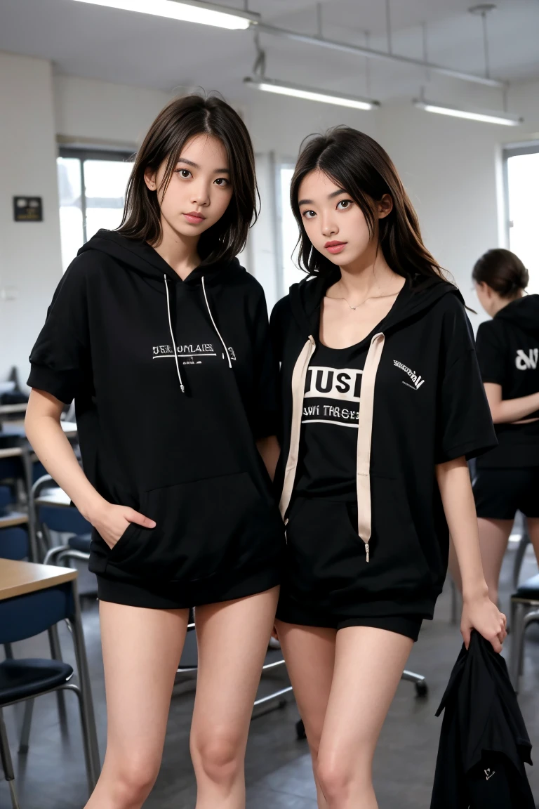 deux femmes ensemble de 18 ans sexy et mince , black short sleeve hoodie , salle de classe, se touche,position sey,sensuel