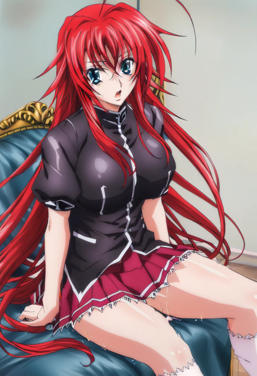 sysdeep_rias, 1girl, solo, long_hair, looking_at_viewer, open_mouth, blue_eyes, large_breasts, hair_between_eyes, very_long_hair, wearing a black top_body, ahoge, red_hair, pleated_skirt, sitting, socks, red_skirt, white_socks, huge_ahoge, sex with black guy