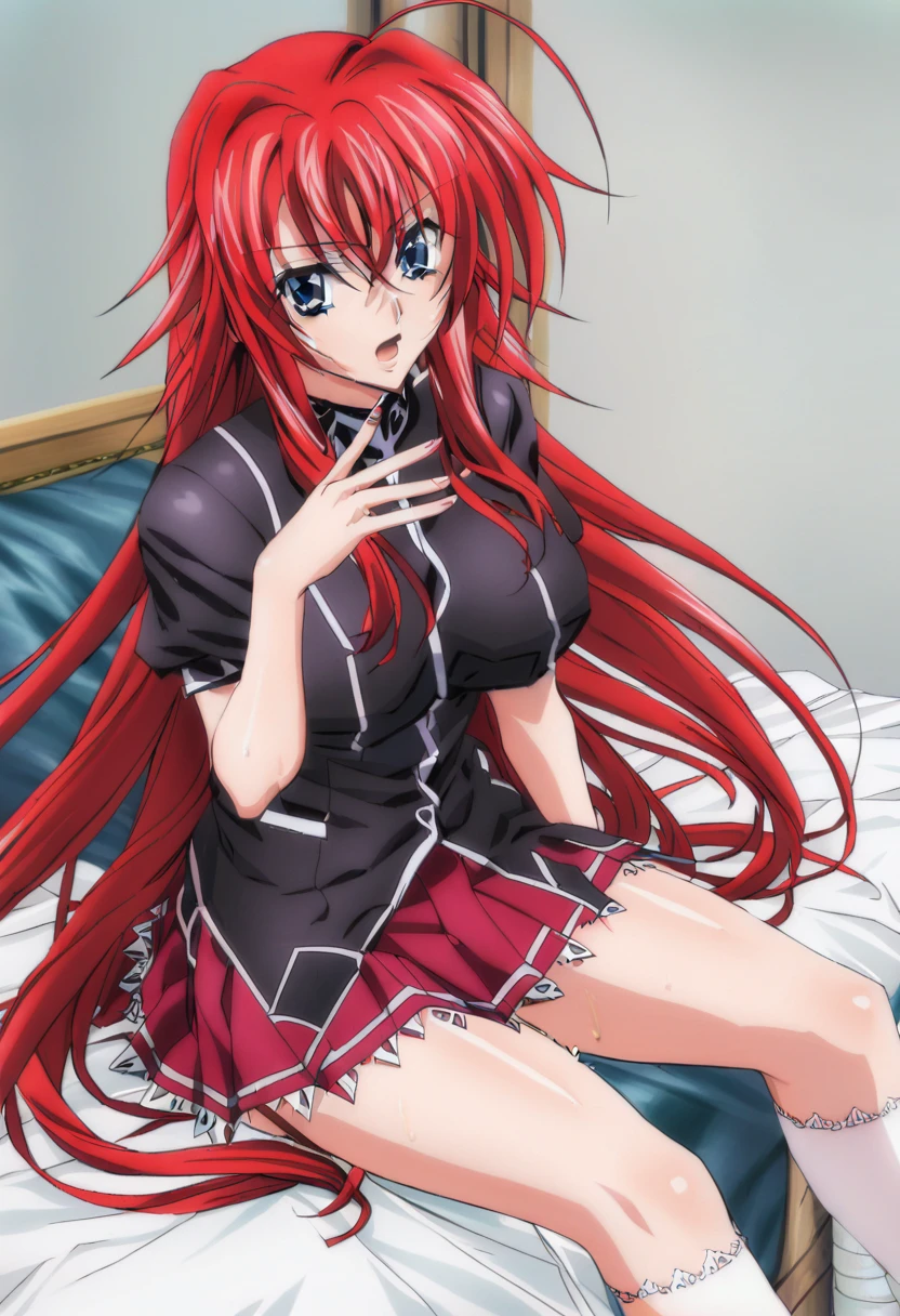 sysdeep_rias, 1girl, solo, long_hair, looking_at_viewer, open_mouth, blue_eyes, large_breasts, hair_between_eyes, very_long_hair, wearing a black top_body, ahoge, red_hair, pleated_skirt, sitting, socks, red_skirt, white_socks, huge_ahoge, sex with black guy