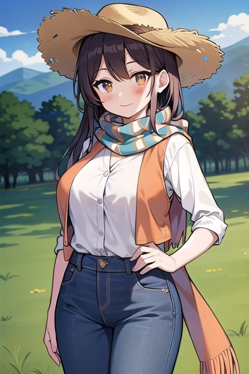 portrait of beautiful women on a muddy farm:1.2 , cowboy hat, fringed vest , pants, scarf , trust , very big chest,