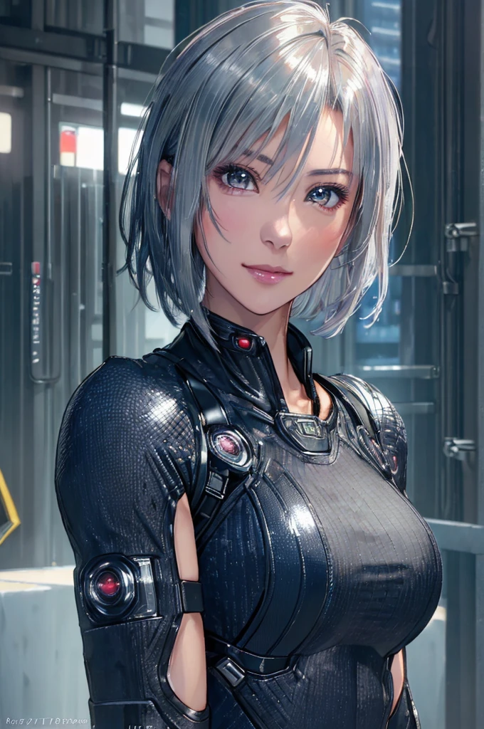 (8k, photorealistic, RAW photo, top quality: 1.4), (1girl), super beautiful, (realistic face), (boyish, silver-colored berry short hair), beautiful cyberpunk suit, glares seducing viewer, beautiful expression, beautiful , (realistic skin), beautiful smile, (soldier), attractive, ultra high resolution, ultra realistic, high definition, spoiled
