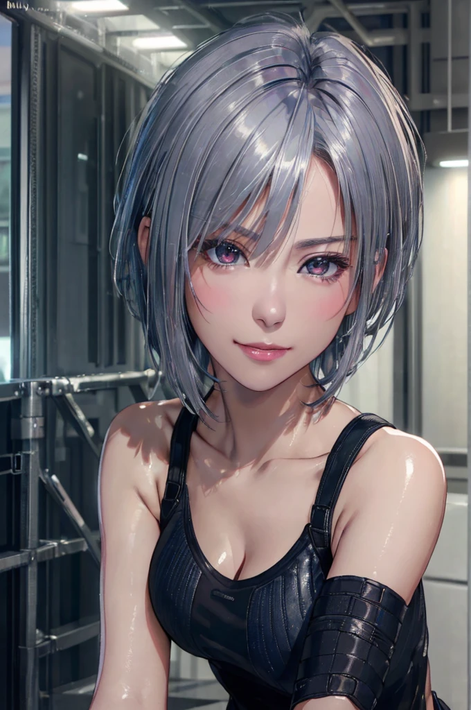 (8k, photorealistic, RAW photo, top quality: 1.4), (1girl), super beautiful, (realistic face), (boyish, silver-colored berry short hair), beautiful cyberpunk suit, glares seducing viewer, beautiful expression, beautiful breasts, (realistic skin), beautiful smile, (soldier), attractive, ultra high resolution, ultra realistic, high definition, spoiled
