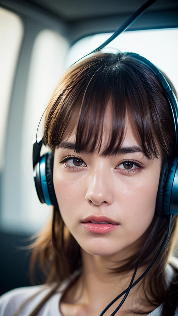 Dressed, (photo Realistic:1.4), (hyper Realistic:1.4), (Realistic:1.3), (Smoother lighting:1.05), (Improving the lighting quality of movies:0.9), 32k, One girl,20 year old girl, Realistic lighting, Backlight, Light on the face, Ray-tracing, (Bright light:1.2), (Improvement of quality:1.4), (Highest quality real texture skins:1.4), Detailed drawn eyes, Detailed painted face, Quality Eyes, (Tired, sleepy and satisfied:0.0), Face close-up, T-shirt with headphones, (Enhance the mood of your body line:1.1), (Enhances the beauty of skin texture:1.1)