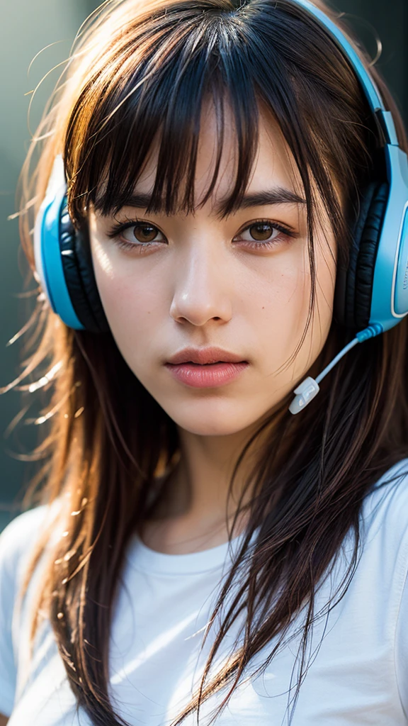 Dressed, (photo Realistic:1.4), (hyper Realistic:1.4), (Realistic:1.3), (Smoother lighting:1.05), (Improving the lighting quality of movies:0.9), 32k, One girl,20 year old girl, Realistic lighting, Backlight, Light on the face, Ray-tracing, (Bright light:1.2), (Improvement of quality:1.4), (Highest quality real texture skins:1.4), Detailed drawn eyes, Detailed painted face, Quality Eyes, (Tired, sleepy and satisfied:0.0), Face close-up, T-shirt with headphones, (Enhance the mood of your body line:1.1), (Enhances the beauty of skin texture:1.1)