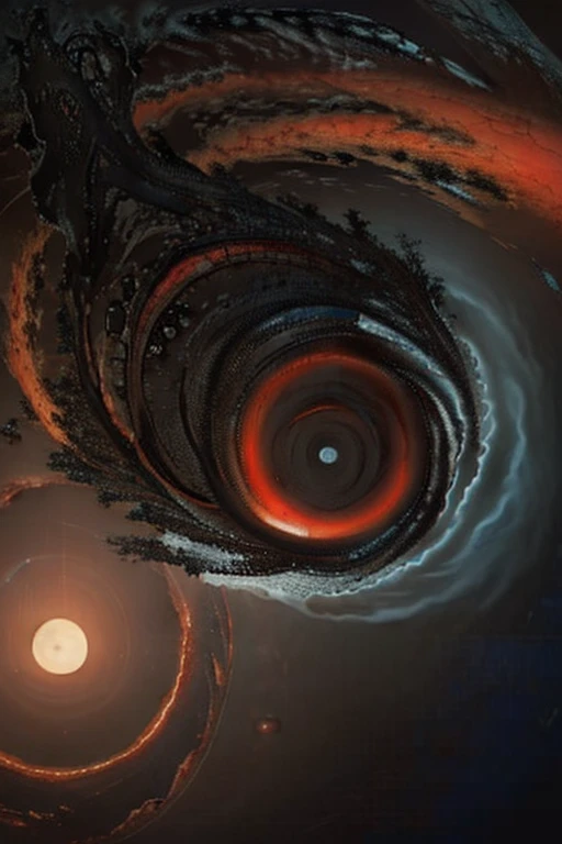 The sky twisted into a pale grey water area，In the water, a huge, strange, terrifying black pupil stares at the earth below.，There are black holes and dark red suns scattered around chaotically.