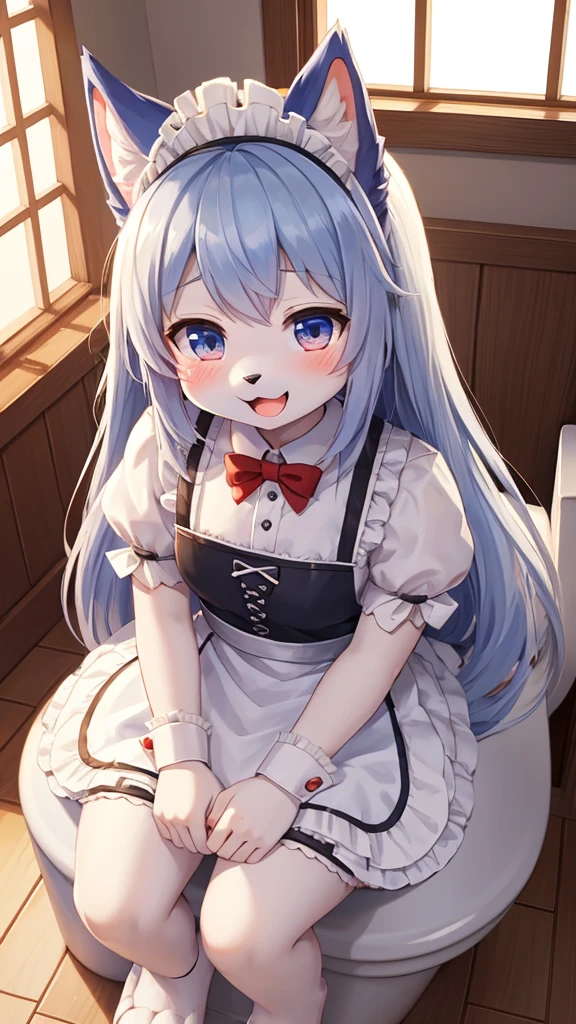 (Fluffy anthropomorphic furry: 1.6),(young: 1.6),Wolf Girl,Mini Girls,Blue long hair,Light grey fur,Wolf Tail,Beautiful restaurant,Transparent window,Maid头饰,maid outfit,黑色Maid手套,Maid,Red bow tie,Tempting face,Smile,open mouth,blush,Sit in the toilet，Toilet bowl angle