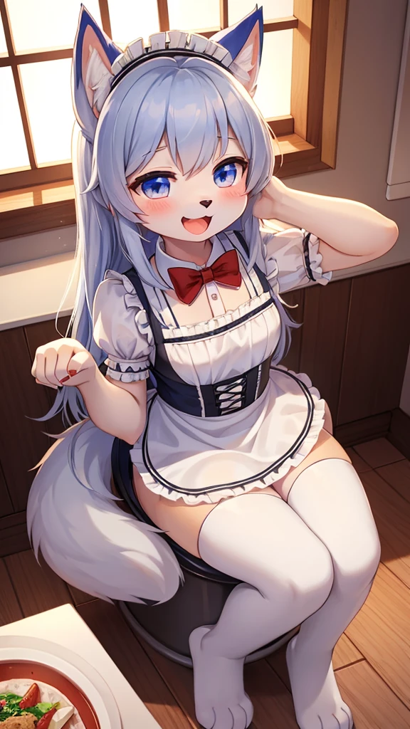 (Fluffy anthropomorphic furry: 1.6),(young: 1.6),Wolf Girl,Mini Girls,Blue long hair,Light grey fur,Wolf Tail,Beautiful restaurant,Transparent window,Maid头饰,maid outfit,黑色Maid手套,Maid,Red bow tie,Tempting face,Smile,open mouth,blush,Sit in the toilet,Toilet bowl angle