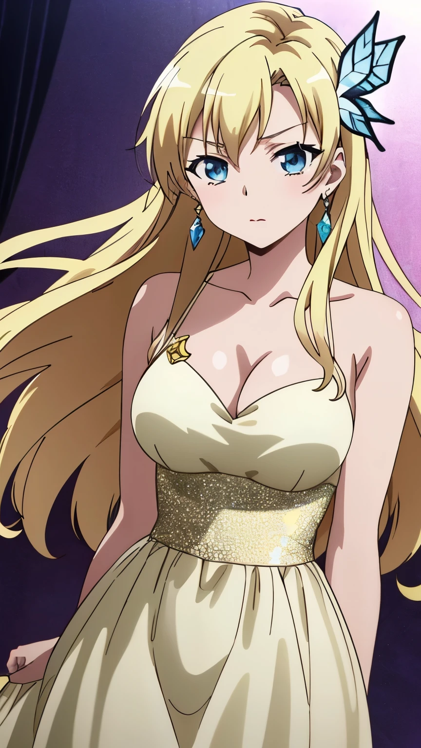 (masterpiece, best quality, 8k:1.2), (anime), sena, long hair, hair ornament, glamour, Large medium breasts, (diamond dress, revealing, earrings), dynamic angle