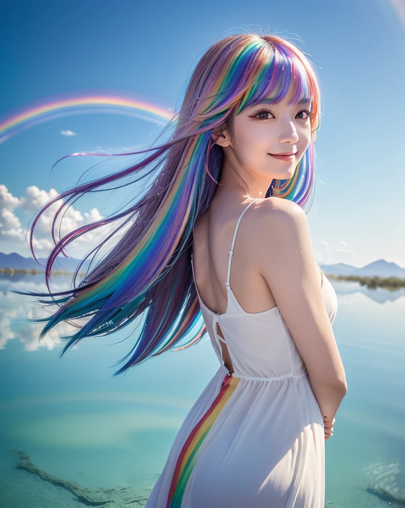 (Highest quality, 32k, High resolution, Masterpiece:1.5), marimo_jet, god々A photograph with brilliant dazzling and healing power., Evoking a sense of calm and elusive beauty, Expressing emotions, Have a rich imagination, Beautiful Japanese Girls, An exceptionally beautiful face, Small Face Beauty, , Perfect Human Anatomy, Magical big eyes, Motherhood and generosity, Deep Love, fleeting smile, ((Shiny rainbow hair:1.3)), Super long hair swaying in the wind, Asymmetrical bangs, Hair between the eyes, Transparent, soft white skin, Sharp eyebrows, Thin lashes, ((Natural Makeup:1.3)), Red dress, High resolution perfect collarbone, High resolution beautiful bust, Slim figure with ample breasts, High resolutionの美しい太もも, ((An old castle appears hazy on the distant horizon:1.5)), ((Salar de Uyuni stretches to the horizon:1.3)), ((The water surface reflects the sky like a mirror:1.5)), Beautiful detailed blue sky, Professional photographer, Professional Lighting, Professional models, God's Secret
