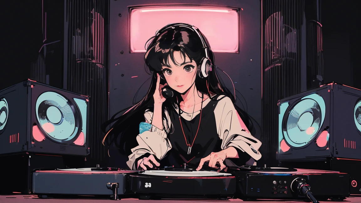 DJ girl in hip-hop fashion wearing a cool headset,Front view , Two large LED-illuminated speakers on each side, Immerse yourself in a neon-lit environment, In front of her is a music mixer and a turntable.、A record is placed on the turntable,Two turntables and a mixer from Technics, DMC, DMC World DJ Championships,