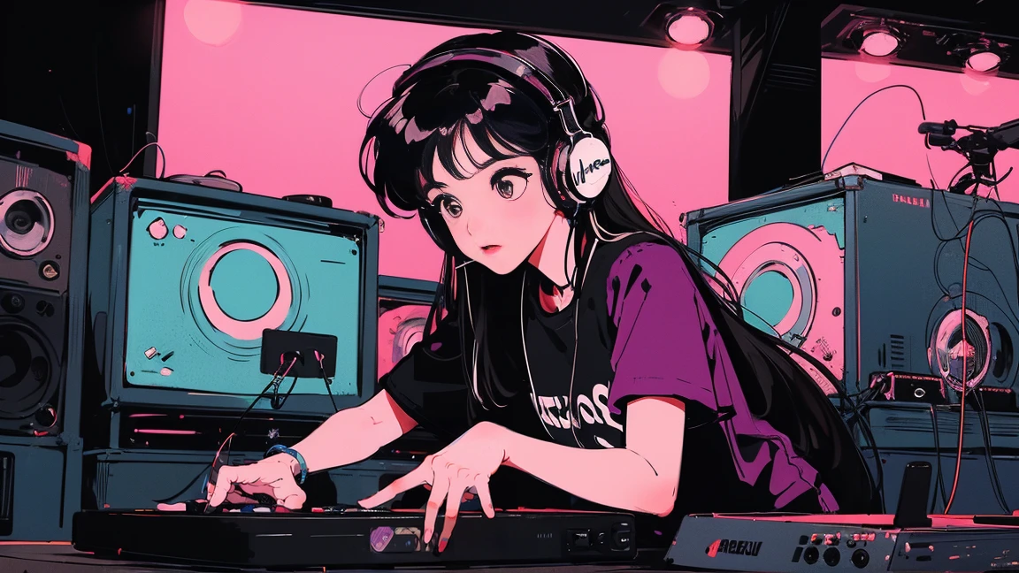 DJ girl in hip-hop fashion wearing a cool headset,Front view , Two large LED-illuminated speakers on each side, Immerse yourself in a neon-lit environment, In front of her is a music mixer and a turntable.、A record is placed on the turntable,Two turntables and a mixer from Technics, DMC, DMC World DJ Championships,