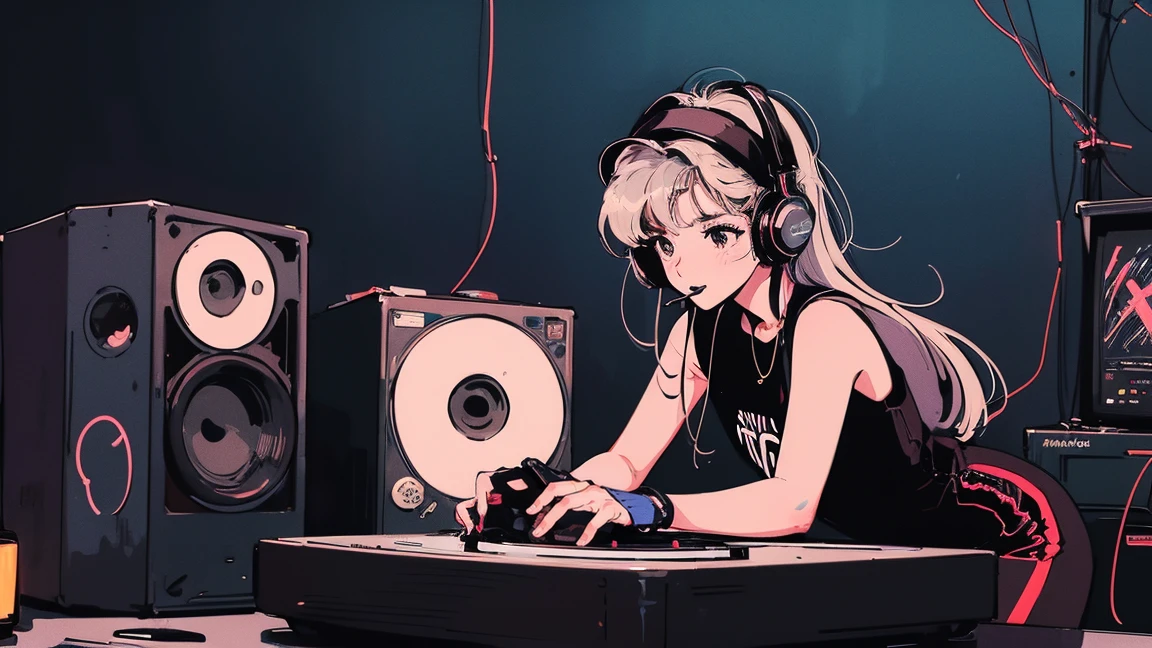 DJ girl in hip-hop fashion wearing a cool headset,Front view , Two large LED-illuminated speakers on each side, Immerse yourself in a neon-lit environment, In front of her is a music mixer and a turntable.、A record is placed on the turntable,Two turntables and a mixer from Technics, DMC, DMC World DJ Championships,