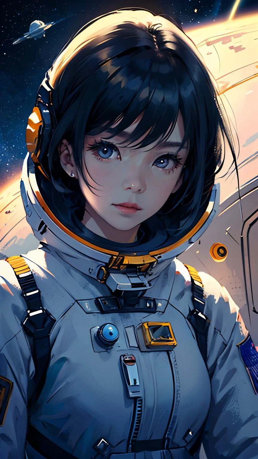 Looking at the camera、Upper Body、Black Hair、Hime cut、Spacesuit、Space Background、Flying through space、Predominant blue light、High resolution、High resolution、Maximum resolution 、Asian、Moderate bust、woman、nasa、