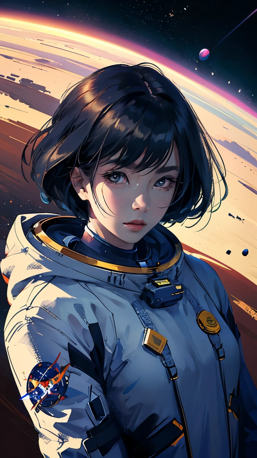 Looking at the camera、Upper Body、Black Hair、Hime cut、Spacesuit、Space Background、Flying through space、Predominant blue light、High resolution、High resolution、Maximum resolution 、Asian、Moderate bust、woman、nasa、