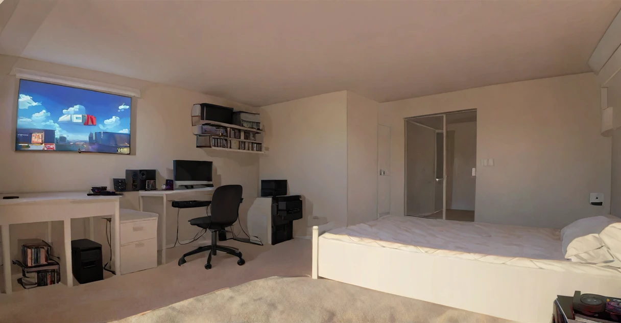 a bedroom with 1 desk, many video game dvds, highly detailed, photorealistic, 8k, award winning digital art, cinematic lighting, vibrant colors, dramatic shadows, clean and organized interior, warm lighting, cozy atmosphere