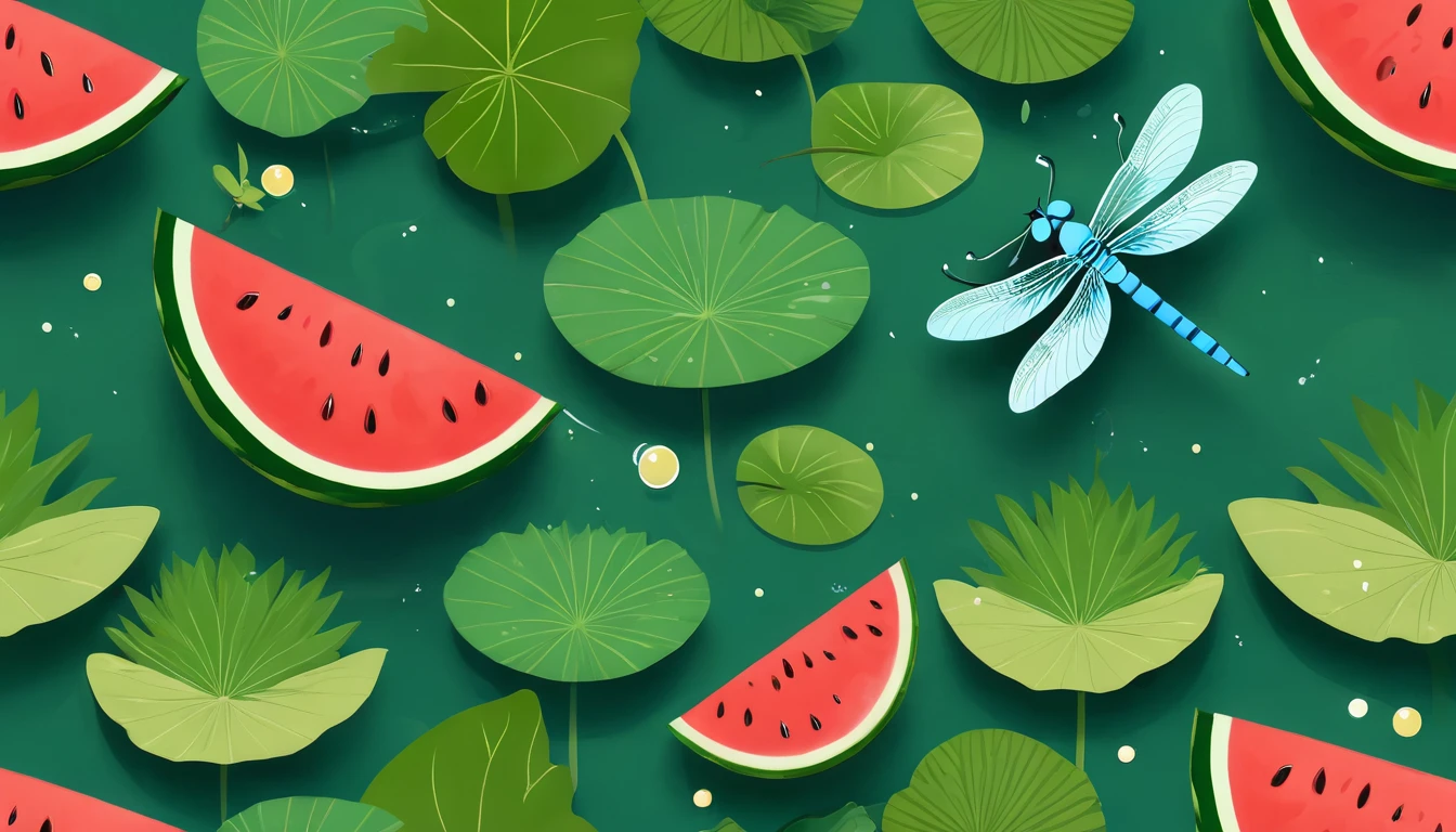 Small summer solar term，watermelon，dragonfly，Lotus lotus leaves，Illustration style